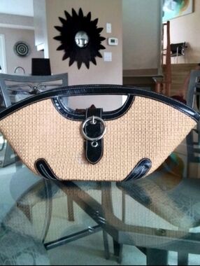 Maxx New York Woven Straw Bag w/ Black Patent Leather Trim